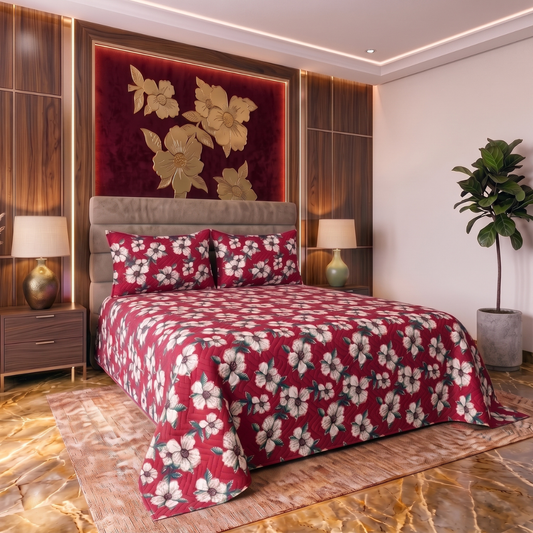 Crimson Meadow | Printed Ultrasonic Quilted Bedspread Set | 3 Piece