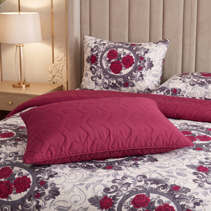 Burgundy Garland | Printed Ultrasonic Quilted Bedspread Set | 6 Piece