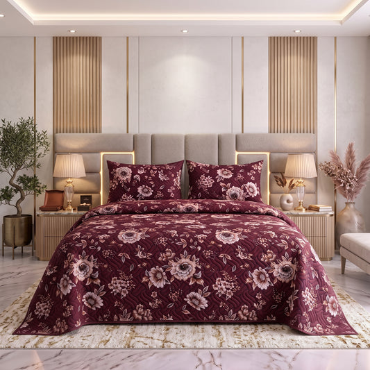 Plum Blossom | Printed Ultrasonic Quilted Bedspread Set | 3 Piece