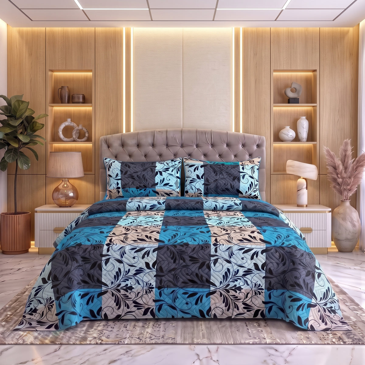 Cobalt Mosaic | Printed Ultrasonic Quilted Bedspread Set | 3 Piece