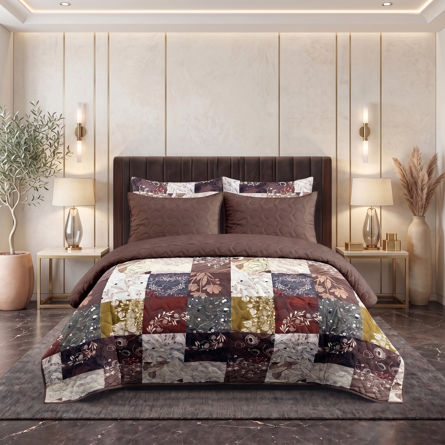 Tiled Espresso | Printed Ultrasonic Quilted Bedspread Set | 6 Piece