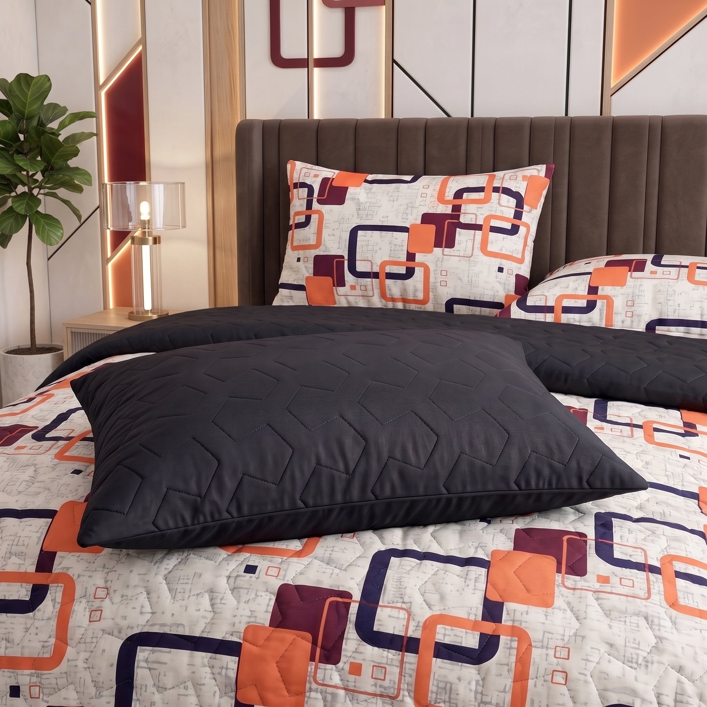 Saffron Grid | Printed Ultrasonic Quilted Bedspread Set | 6 Piece