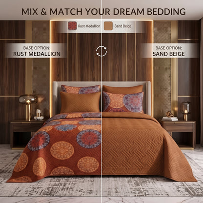 Mix & Match Bundle | 2 Bedspread Sets (3 Piece) | Rust Medallion + Sand Beige