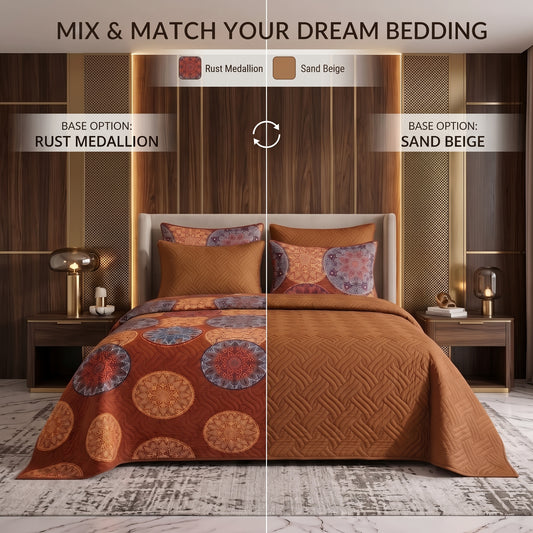 Mix & Match Bundle | 2 Bedspread Sets (3 Piece) | Rust Medallion + Sand Beige