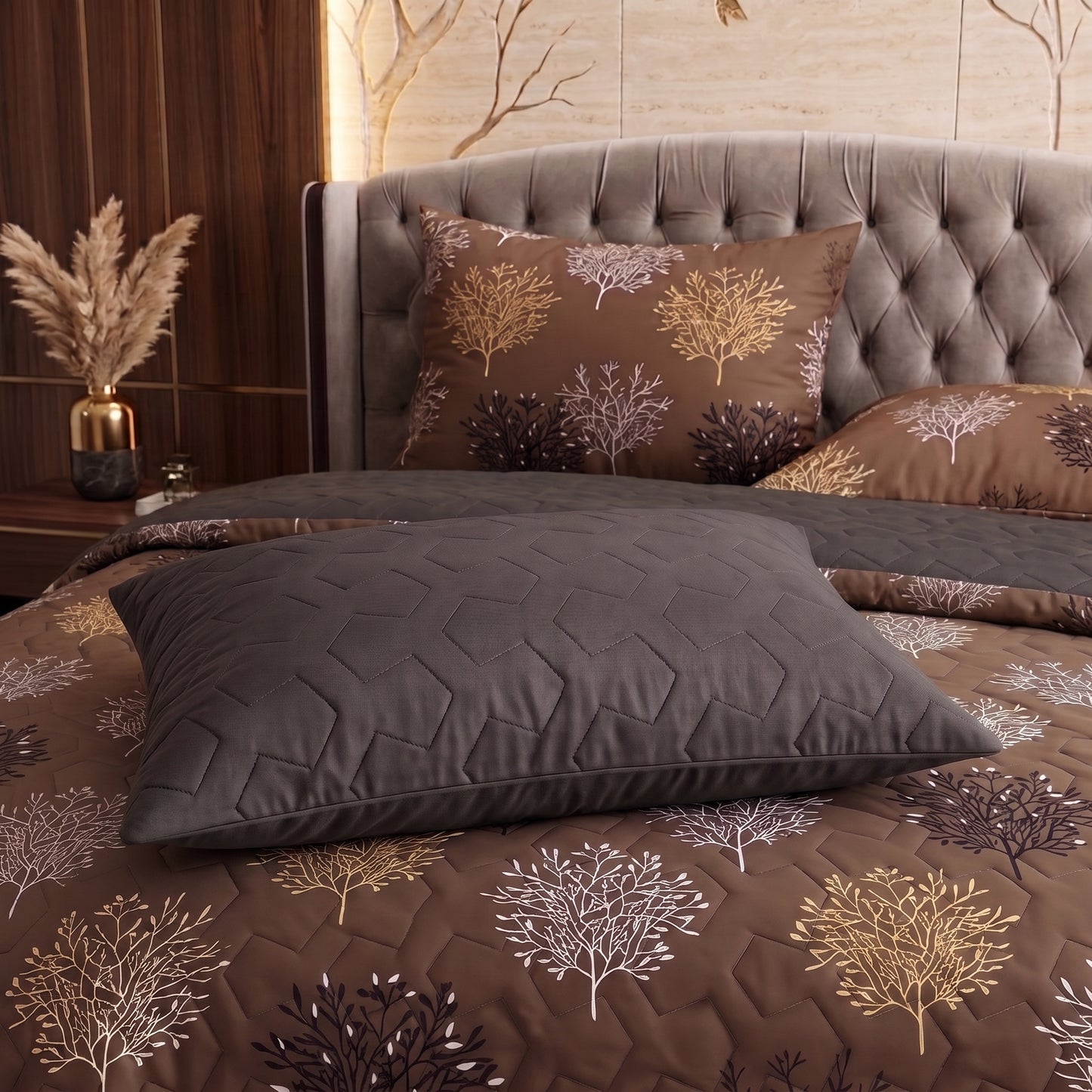 Mocha Forest | Printed Ultrasonic Quilted Bedspread Set | 6 Piece