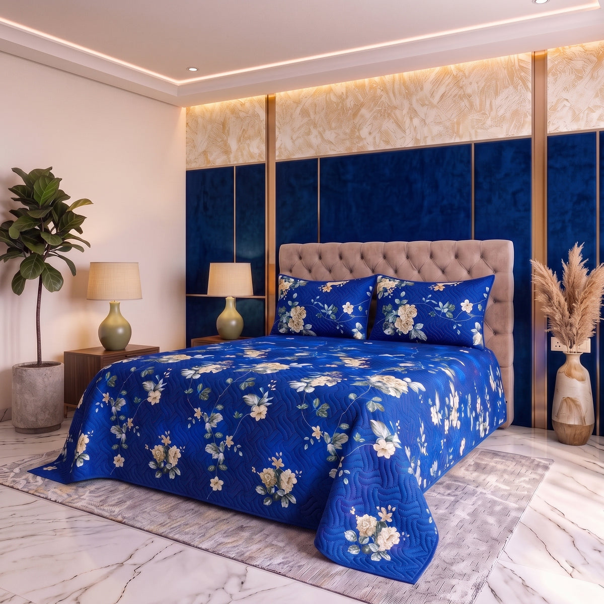 Cobalt Blossom | Printed Ultrasonic Quilted Bedspread Set | 3 Piece