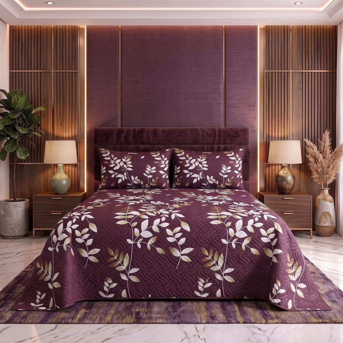 Plum Canopy | Printed Ultrasonic Quilted Bedspread Set | 3 Piece