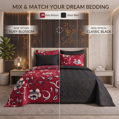 Mix & Match Bundle | 2 Bedspread Sets (3 Piece) | Ruby Blossom + Classic Black