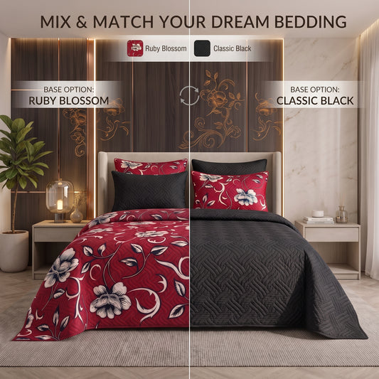 Mix & Match Bundle | 2 Bedspread Sets (3 Piece) | Ruby Blossom + Classic Black