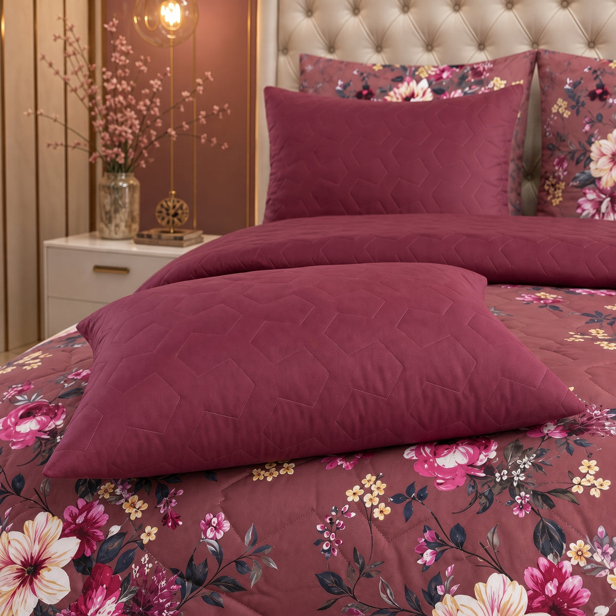 Burgundy Floral | Printed Ultrasonic Quilted Bedspread Set | 6 Piece