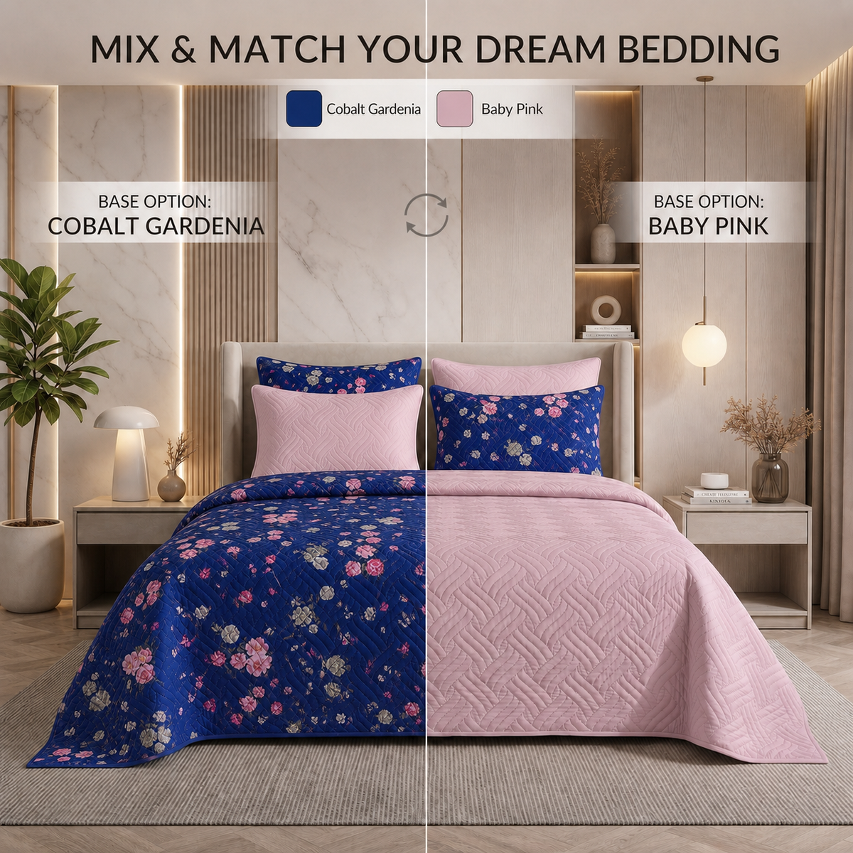 Mix & Match Bundle | 2 Bedspread Sets (3 Piece) | Cobalt Gardenia + Baby Pink