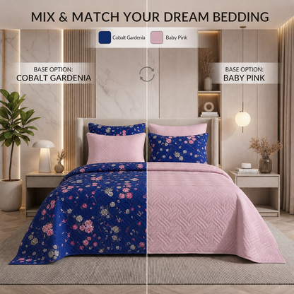 Mix & Match Bundle | 2 Bedspread Sets (3 Piece) | Cobalt Gardenia + Baby Pink