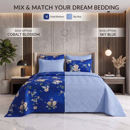Mix & Match Bundle | 2 Bedspread Sets (3 Piece) | Cobalt Blossom + Sky Blue