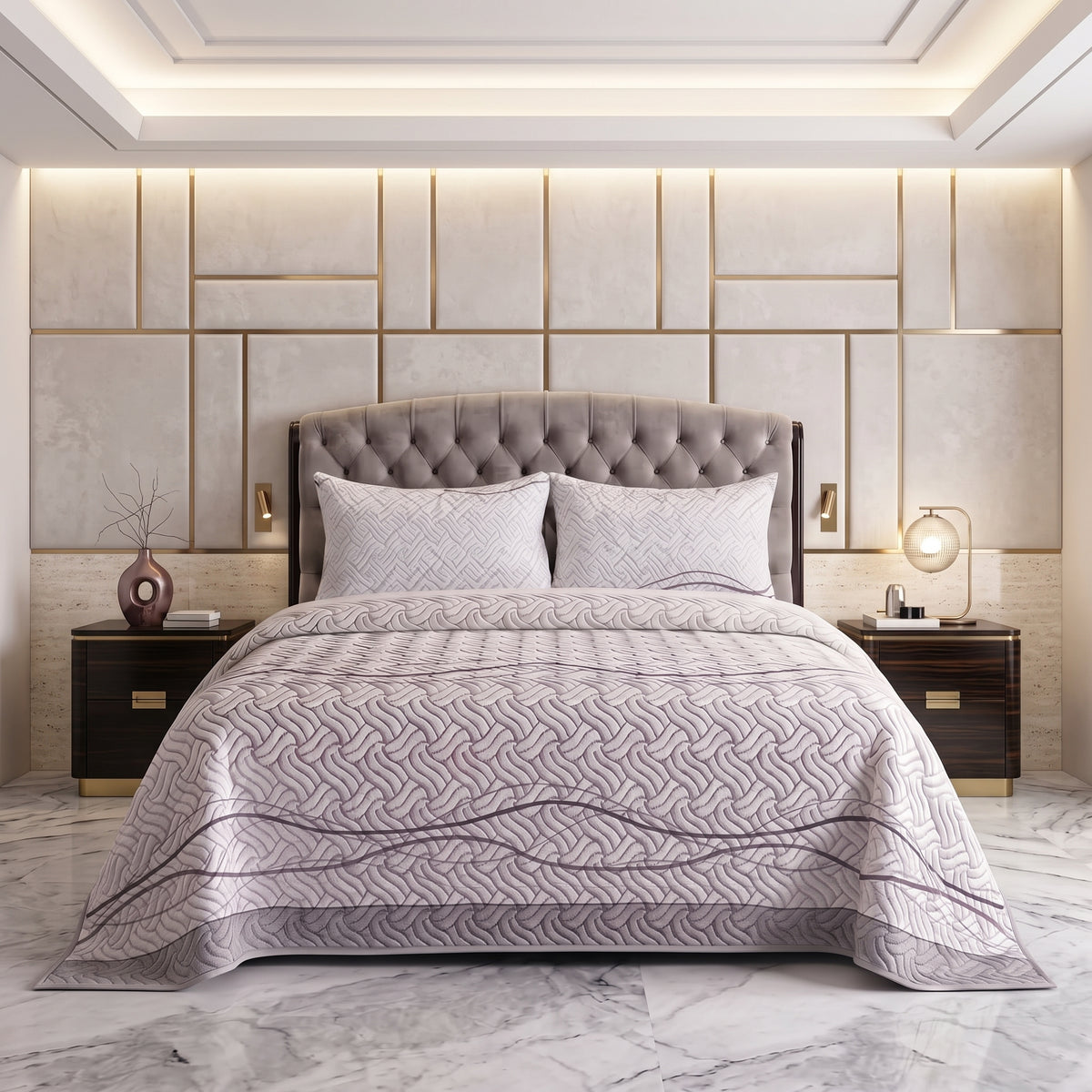 Mauve Ribbon | Printed Ultrasonic Quilted Bedspread Set | 3 Piece
