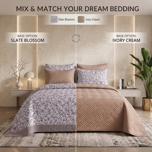 Mix & Match Bundle | 2 Bedspread Sets (3 Piece) | Slate Blossom + Ivory Cream