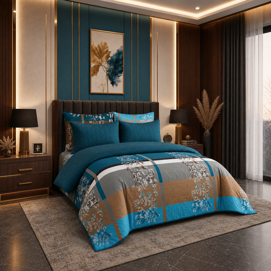 Teal Elegance | Printed Ultrasonic Quilted Bedspread Set | 6 Piece