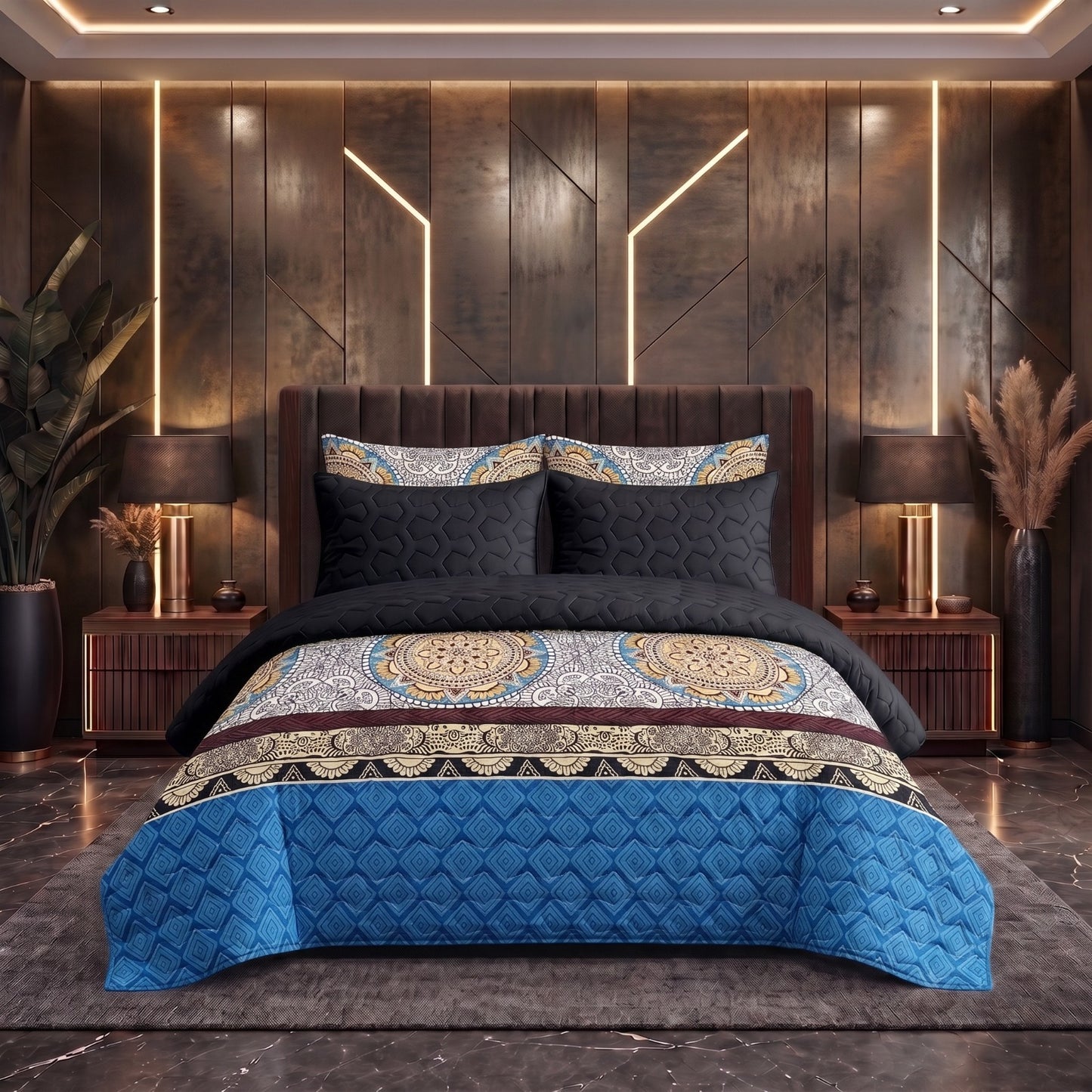 Royal Mandala | Printed Ultrasonic Quilted Bedspread Set | 6 Piece