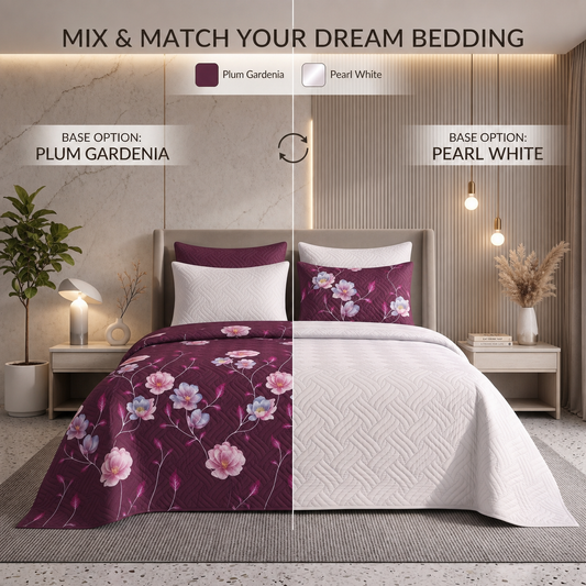 Mix & Match Bundle | 2 Bedspread Sets (3 Piece) | Plum Gardenia + Pearl White