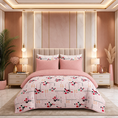 Blush Geometry | Printed Ultrasonic Quilted Bedspread Set | 6 Piece