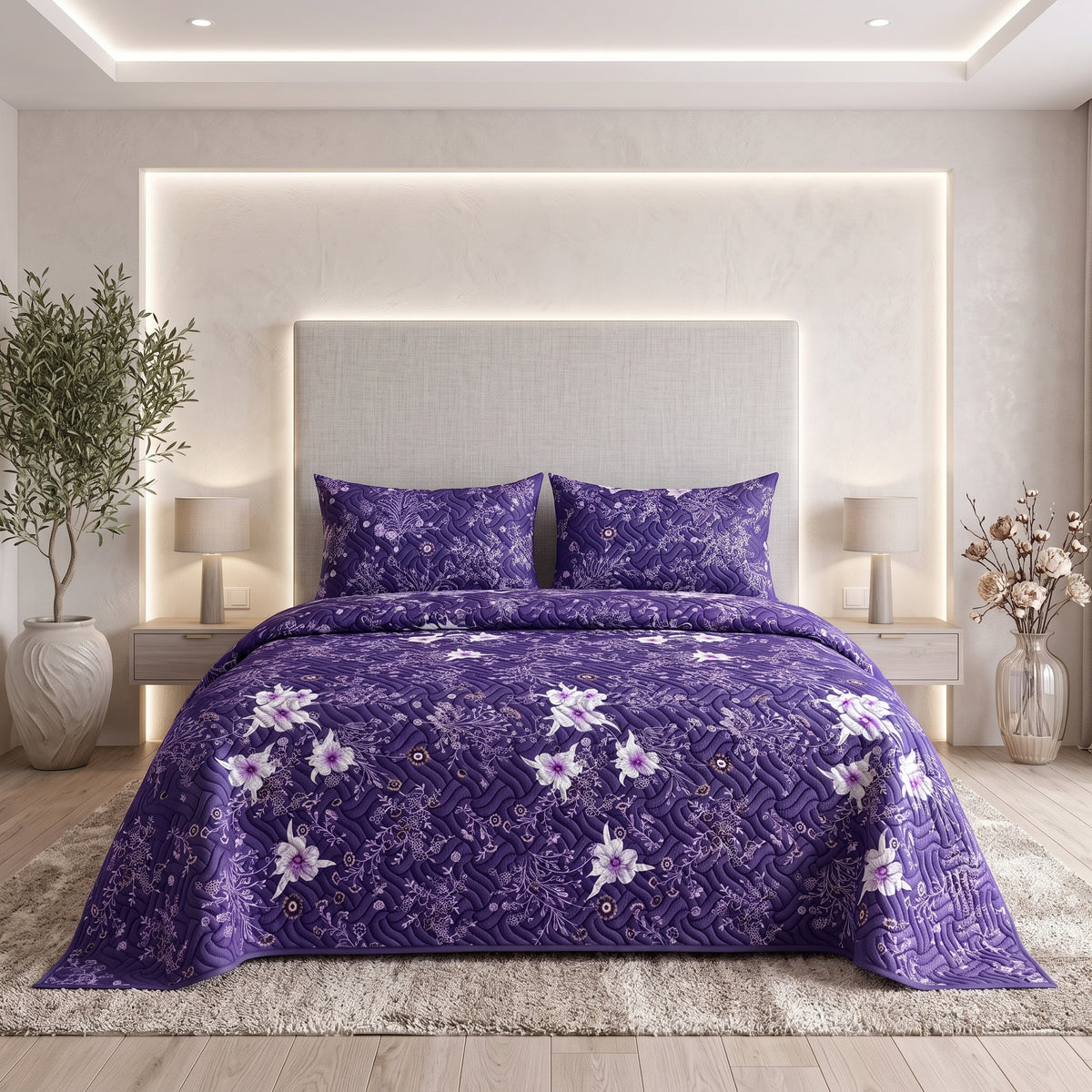 Violet Meadow | Printed Ultrasonic Quilted Bedspread Set | 3 Piece