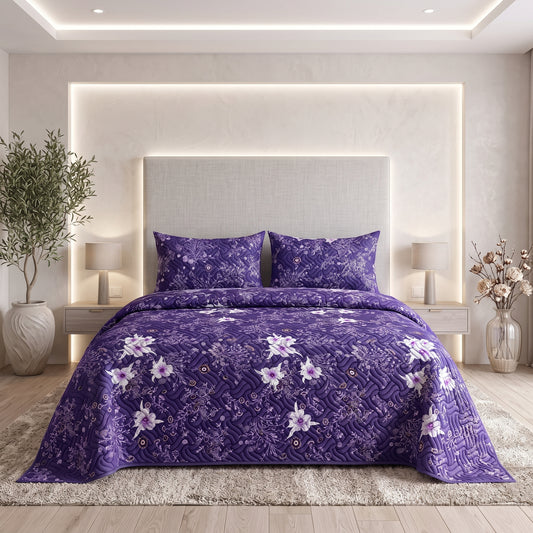 Violet Meadow | Printed Ultrasonic Quilted Bedspread Set | 3 Piece