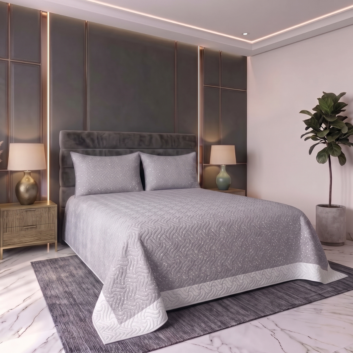 Slate Contour | Printed Ultrasonic Quilted Bedspread Set | 3 Piece