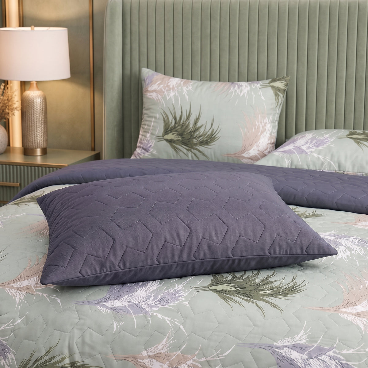 Green Serene | Printed Ultrasonic Quilted Bedspread Set | 6 Piece