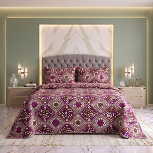 Plum Lotus | Printed Ultrasonic Quilted Bedspread Set | 3 Piece