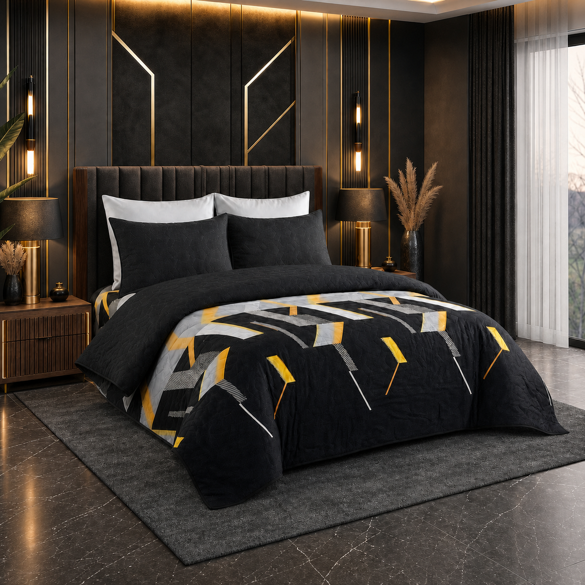 Midnight Gold | Printed Ultrasonic Quilted Bedspread Set | 6 Piece