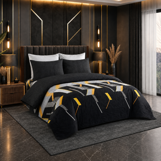Midnight Gold | Printed Ultrasonic Quilted Bedspread Set | 6 Piece