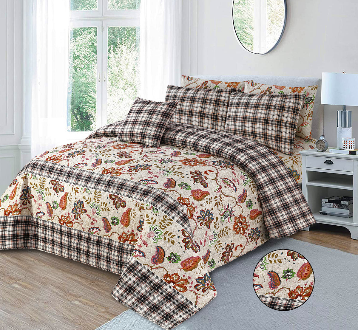 Autumn Jacobean | Printed Ultrasonic Quilted Bedspread Set | 7 Piece