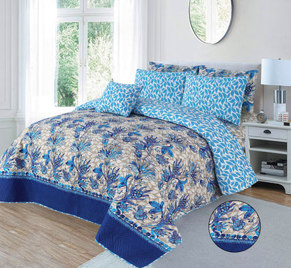 Cobalt Fern | Printed Ultrasonic Quilted Bedspread Set | 7 Piece