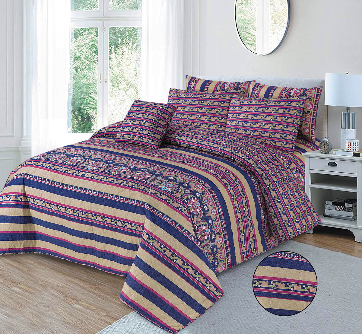 Indigo Vine | Printed Ultrasonic Quilted Bedspread Set | 7 Piece