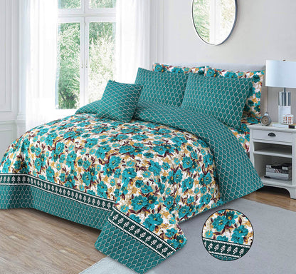 Turquoise Meadow | Printed Ultrasonic Quilted Bedspread Set | 7 Piece