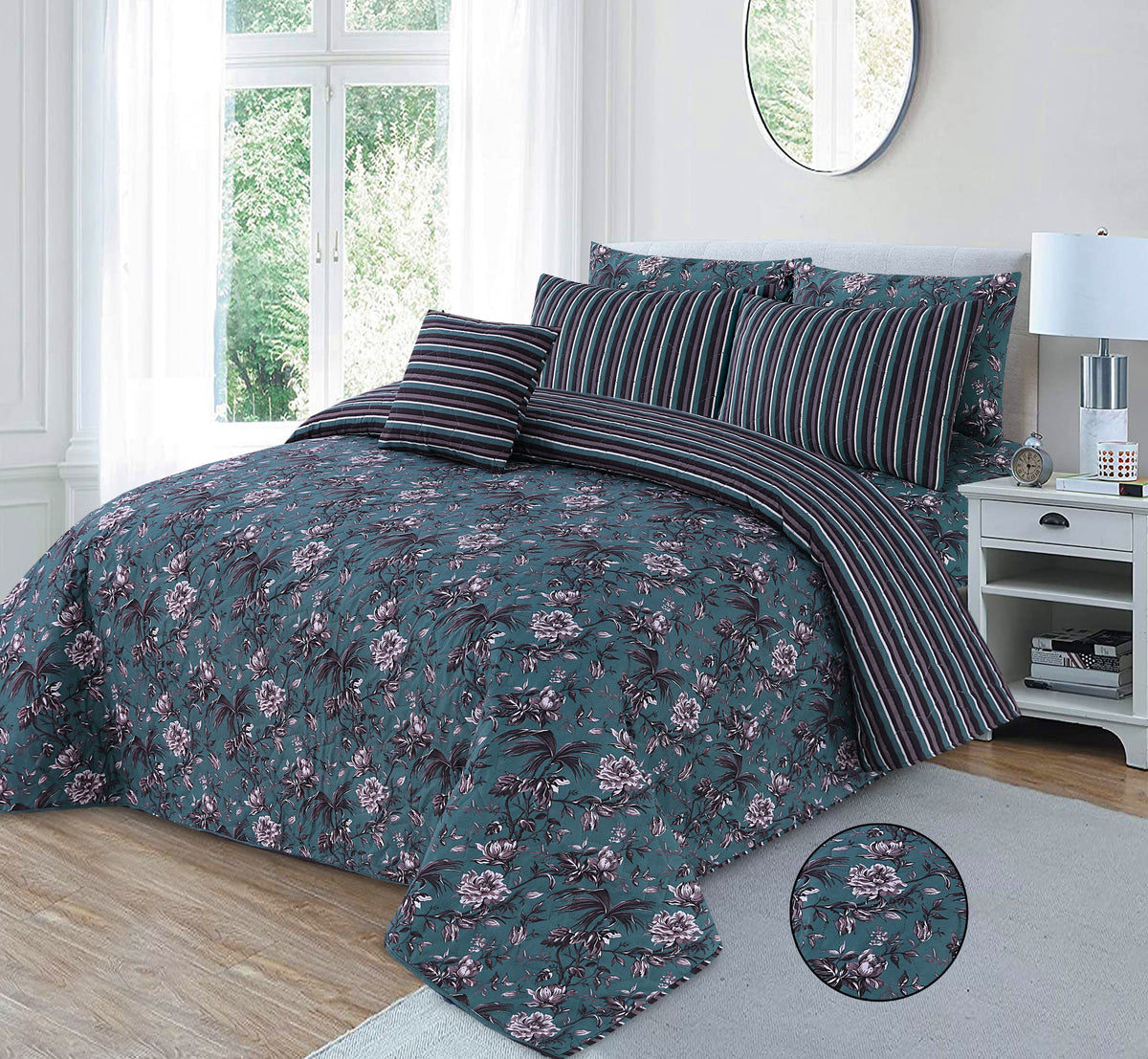 Teal Botanica | Printed Ultrasonic Quilted Bedspread Set | 7 Piece