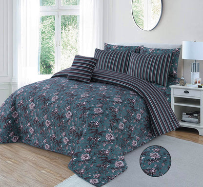 Teal Botanica | Printed Ultrasonic Quilted Bedspread Set | 7 Piece