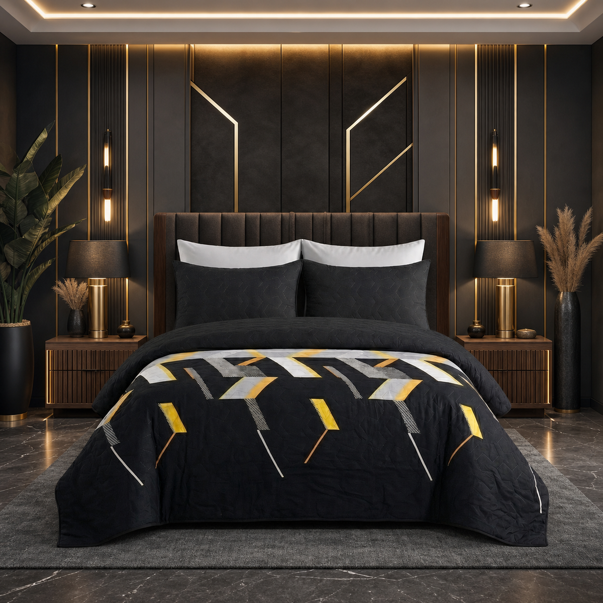 Midnight Gold | Printed Ultrasonic Quilted Bedspread Set | 6 Piece