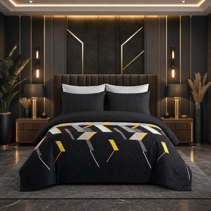 Midnight Gold | Printed Ultrasonic Quilted Bedspread Set | 6 Piece