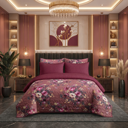 Burgundy Floral | Printed Ultrasonic Quilted Bedspread Set | 6 Piece