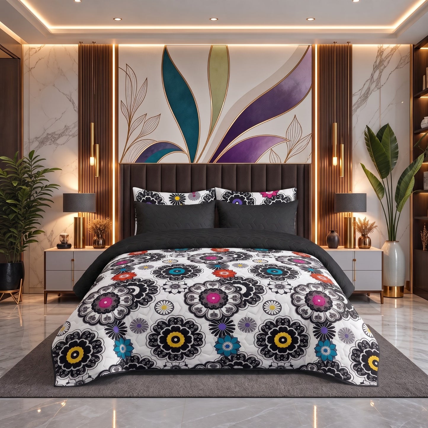 Imperial Dahlia | Printed Ultrasonic Quilted Bedspread Set | 6 Piece