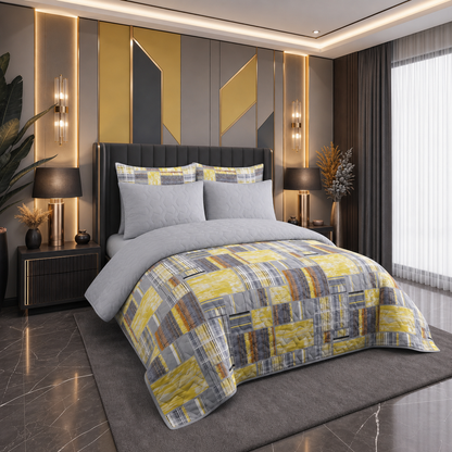 Golden Grid | Printed Ultrasonic Quilted Bedspread Set | 6 Piece