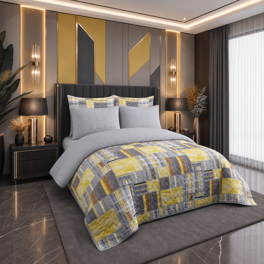 Golden Grid | Printed Ultrasonic Quilted Bedspread Set | 6 Piece