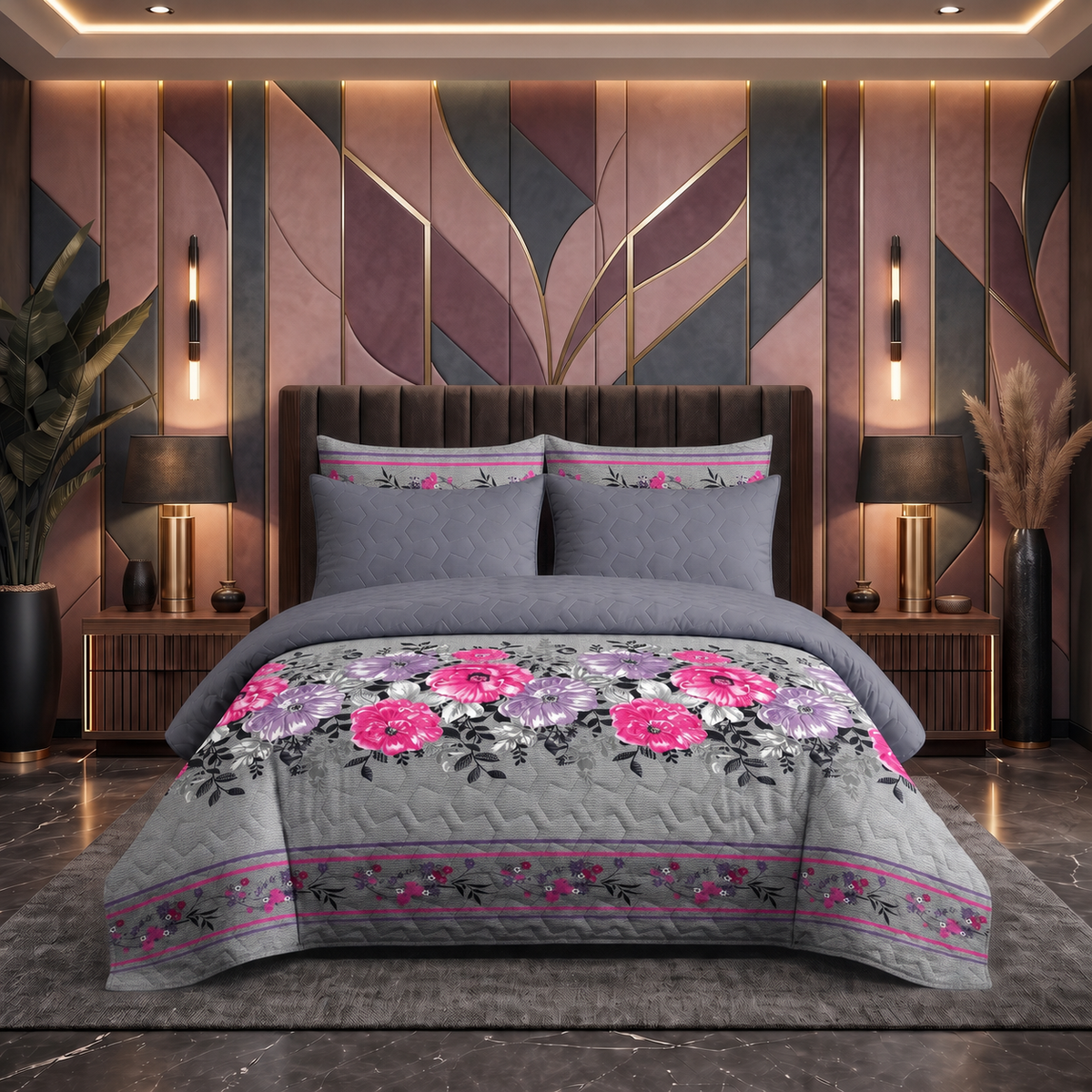 Slate Lavender | Printed Ultrasonic Quilted Bedspread Set | 6 Piece
