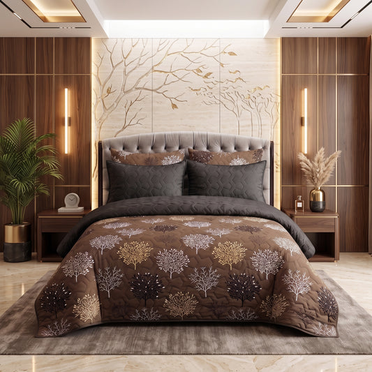 Mocha Forest | Printed Ultrasonic Quilted Bedspread Set | 6 Piece