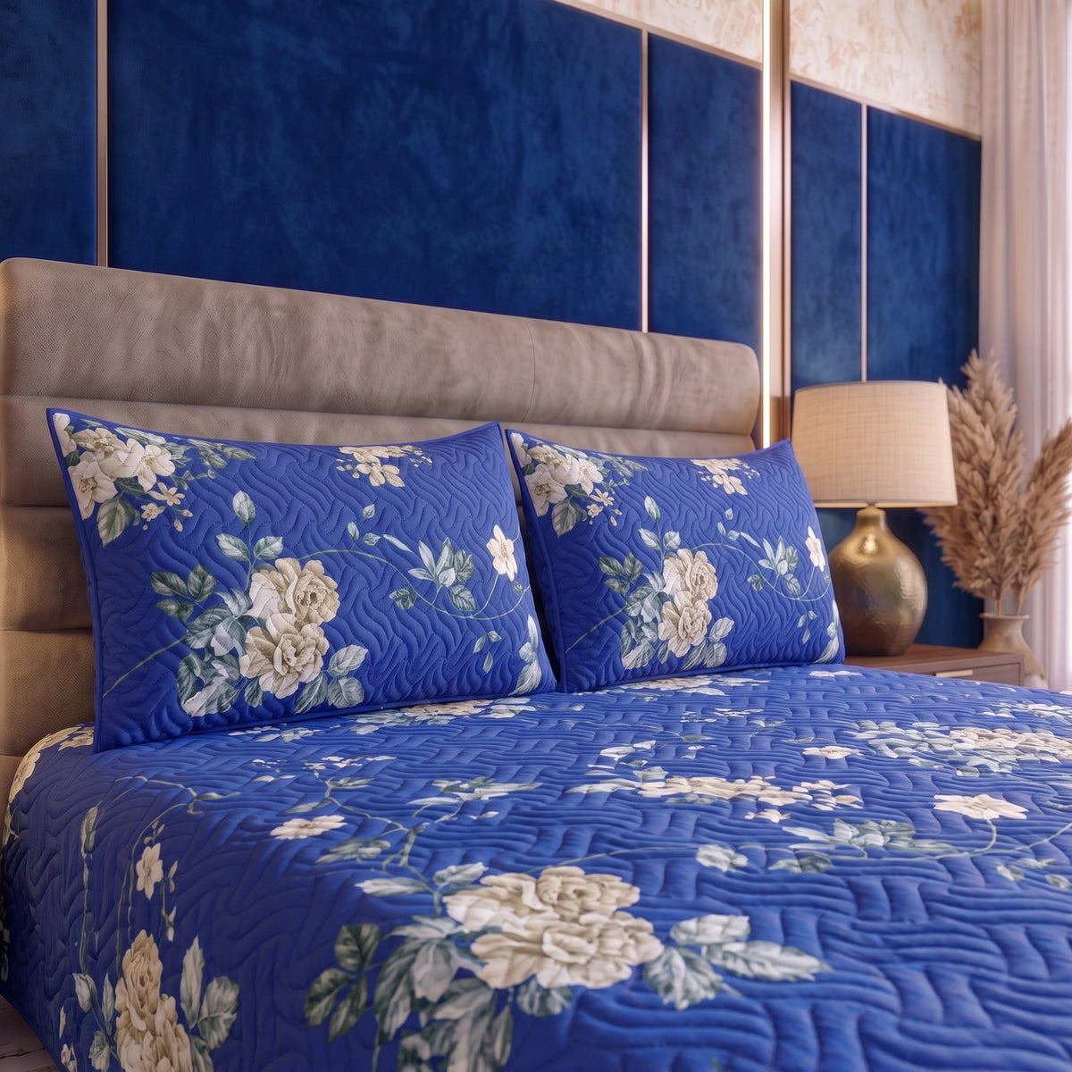 Cobalt Blossom | Printed Ultrasonic Quilted Bedspread Set | 3 Piece