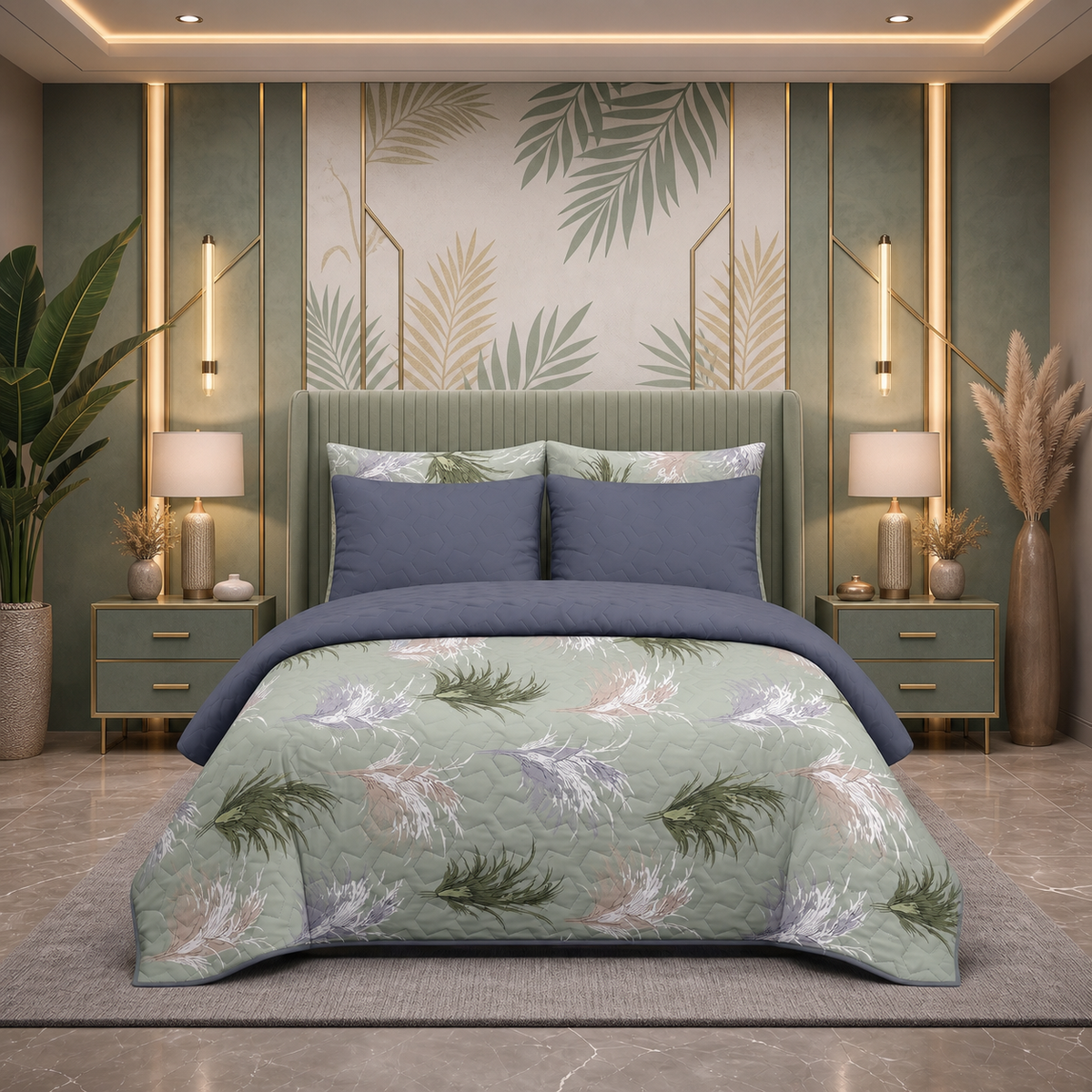 Green Serene | Printed Ultrasonic Quilted Bedspread Set | 6 Piece