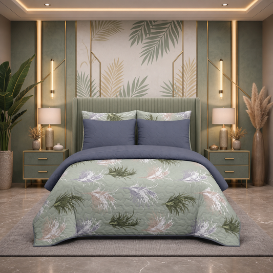 Green Serene | Printed Ultrasonic Quilted Bedspread Set | 6 Piece