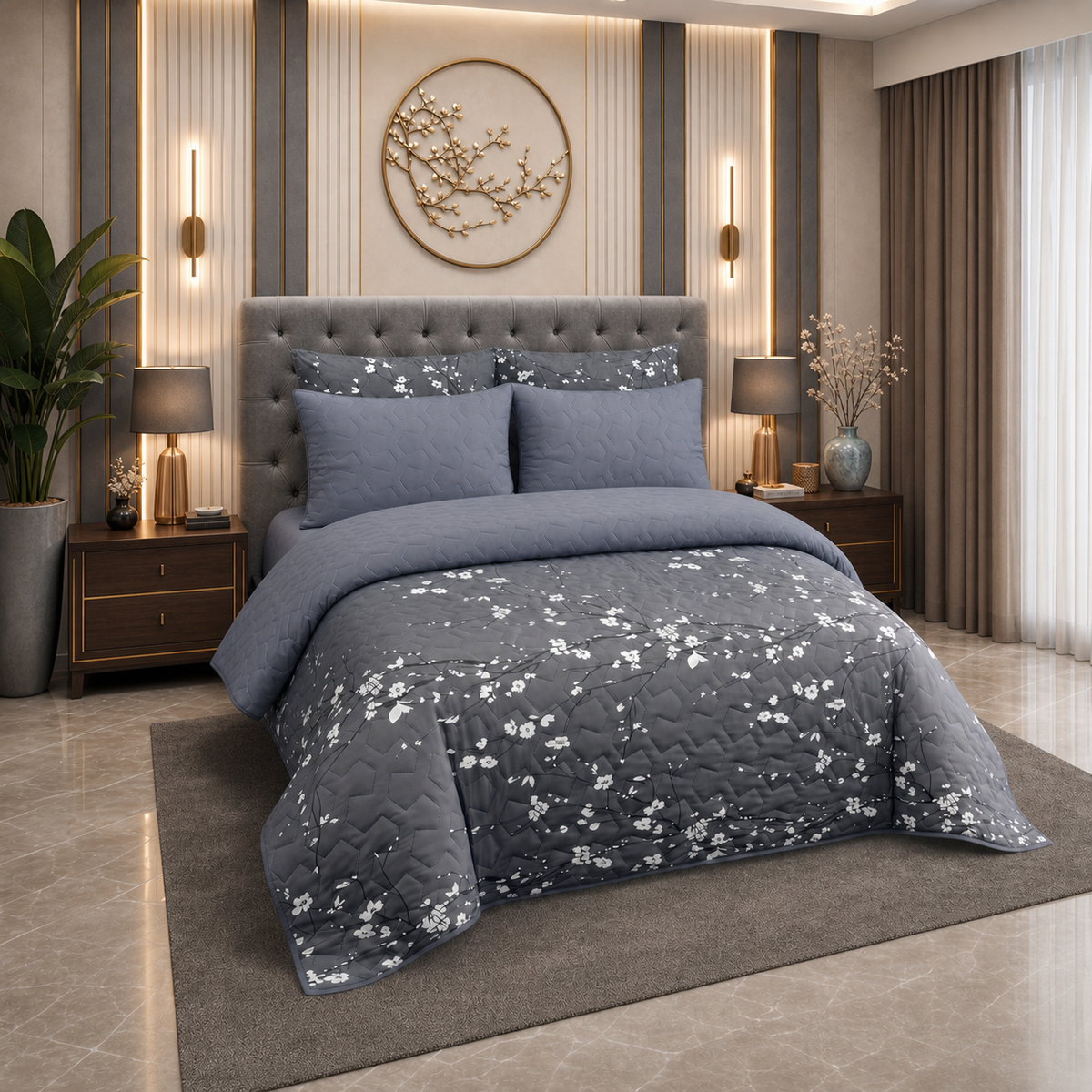 Grey Flora | Printed Ultrasonic Quilted Bedspread Set | 6 Piece