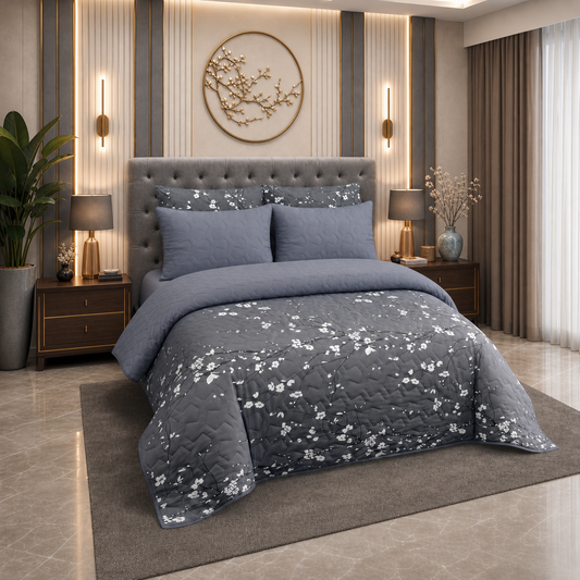 Grey Flora | Printed Ultrasonic Quilted Bedspread Set | 6 Piece