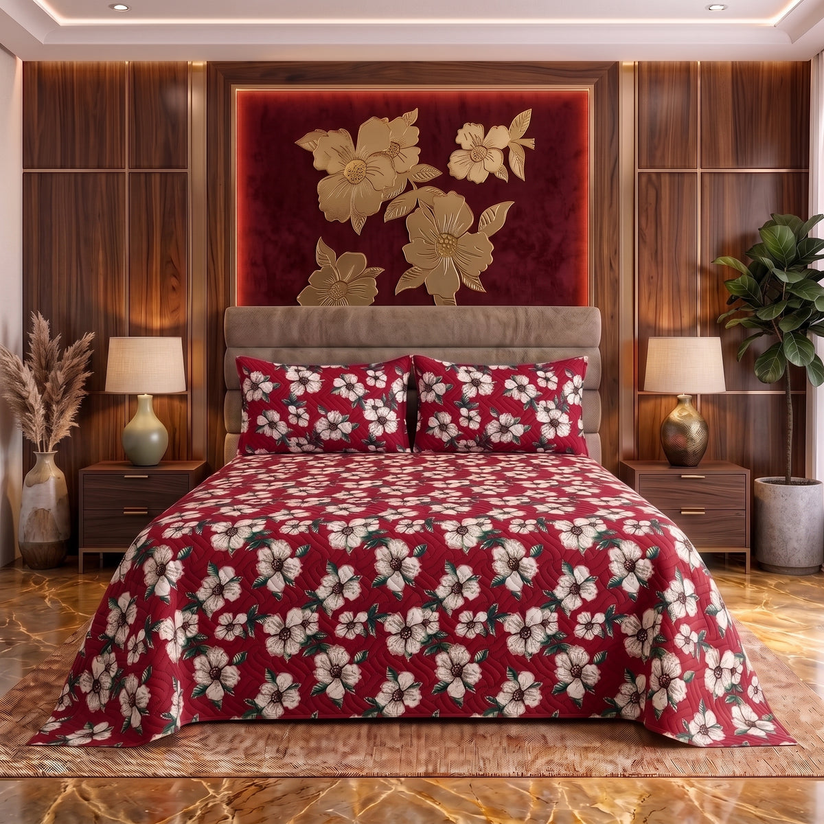 Crimson Meadow | Printed Ultrasonic Quilted Bedspread Set | 3 Piece